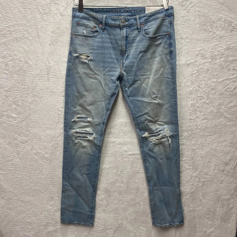 American Eagle Airflex Slim Jeans Mens 32/32 Blue Light Destroy Wash Distressed